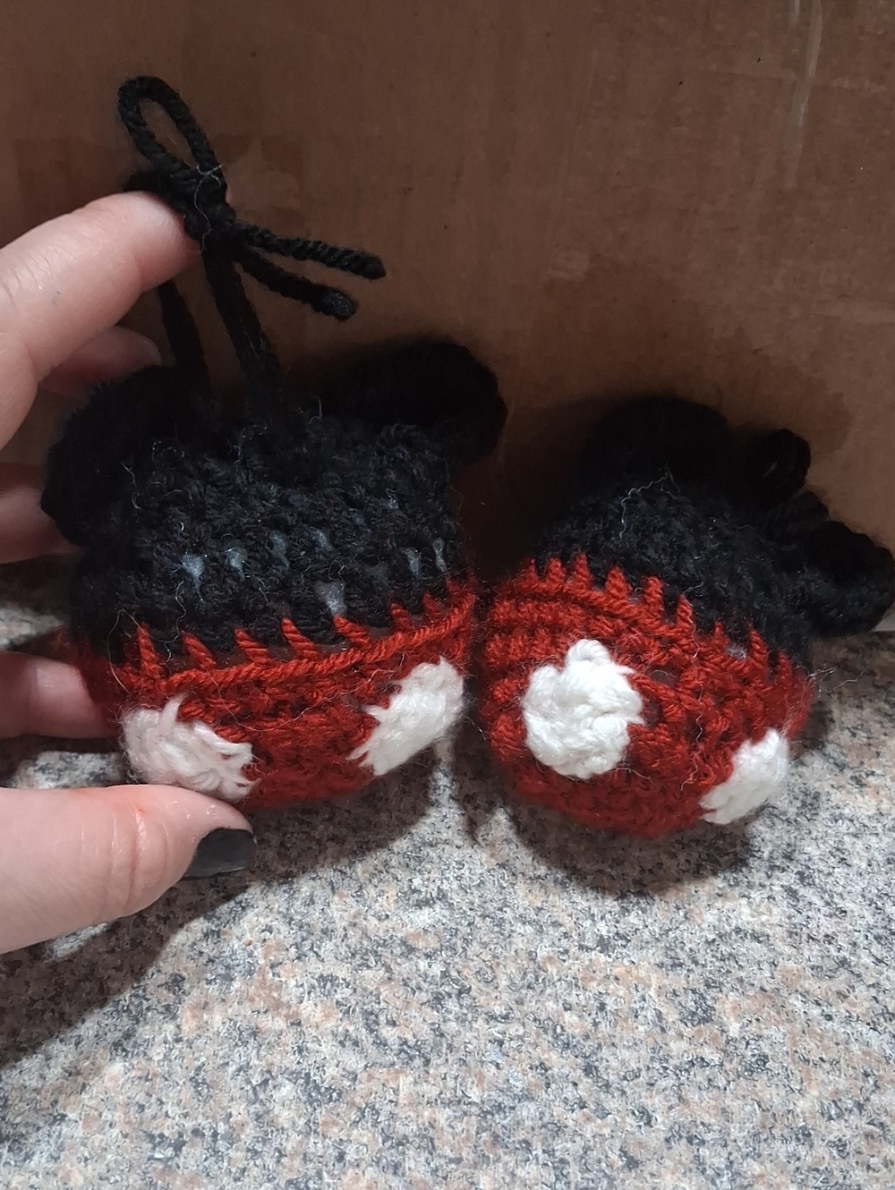Handmade Crocheted Mickey Mouse Inspired Ornaments in Black, Red & White